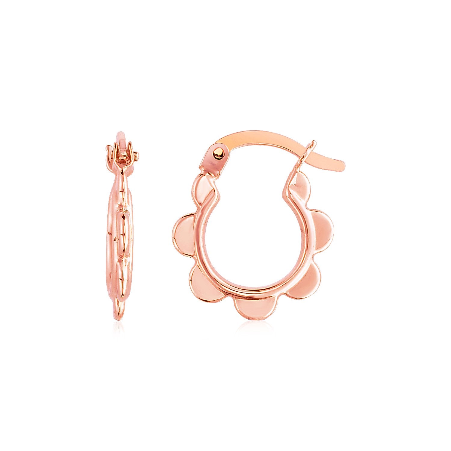 14k Rose Gold Scalloped Hoop Earrings in a sleek high-contrast midnight luxury editorial style